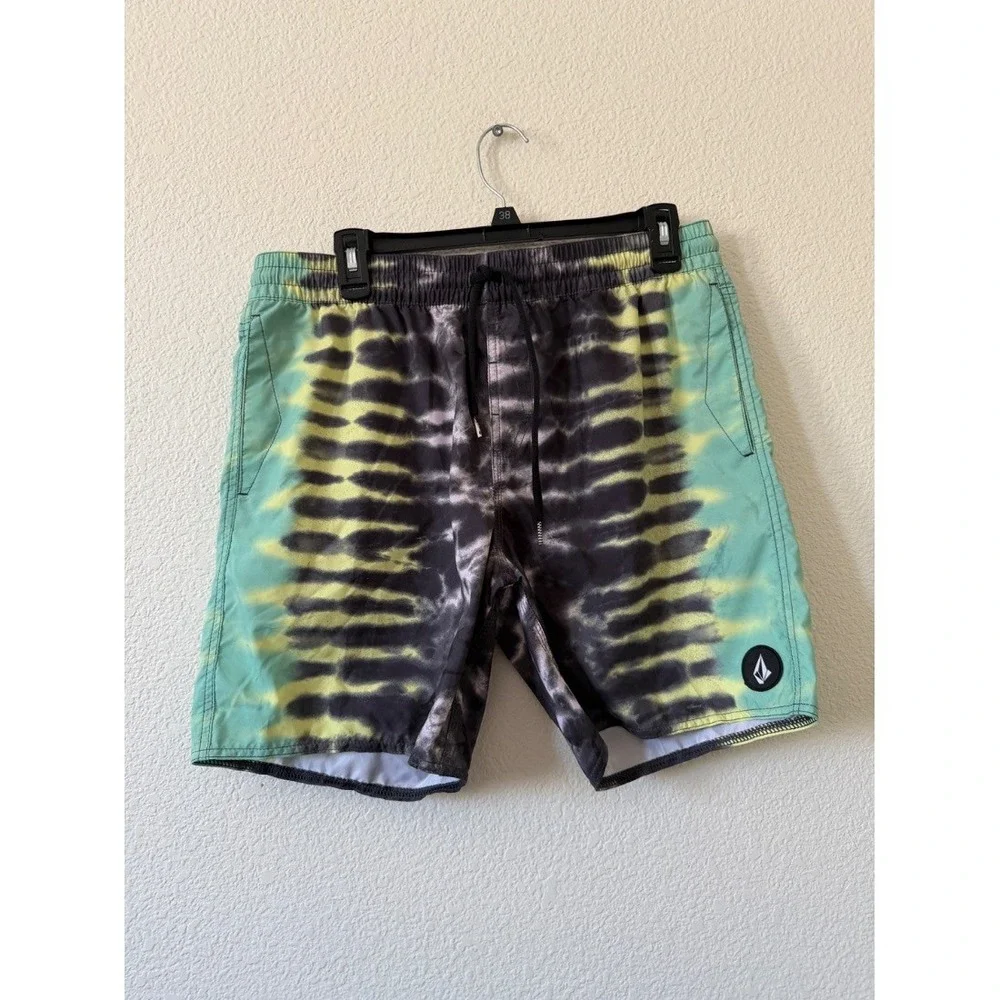 Volcom Mens Tie Dye Board Shorts Teal Black Yellow Elastic Waist Size M